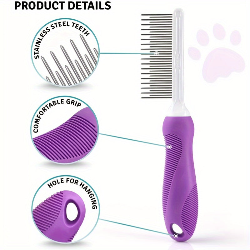 2-in-1 Pet Grooming Comb for Dogs & Cats - Stainless Steel Detangling and Dematting Tool with Long & Short Teeth, Safe Knot Removal for Healthy Coat