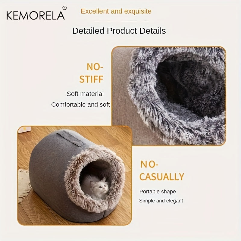 [Cozy Cat Bed] Portable Cat Bed with Handle | Thickened Warm Polyester Pet Bed, Cozy Circular Design with Plush Furry Interior for Indoor Cats, Durable & Easy-Clean Cat Bed for Travel, Home, or Gifting, Cute Cat Bed by KEMORE