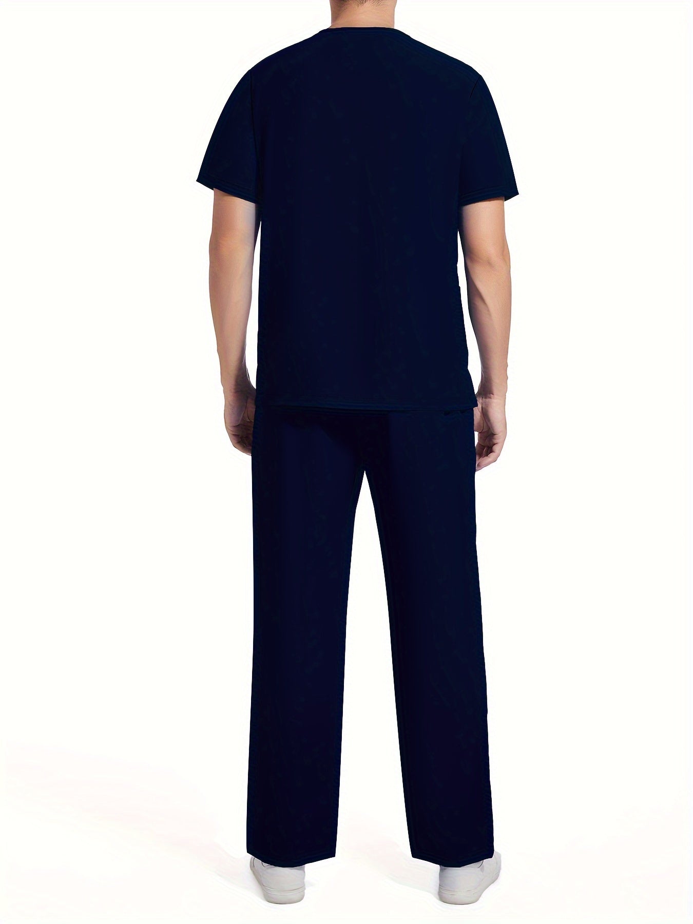 Men's Short Sleeve Summer Work Wear Set, Lab Coat, Pet Grooming Uniform, Breathable V-neck Top With Pockets And Long Pants Outfit