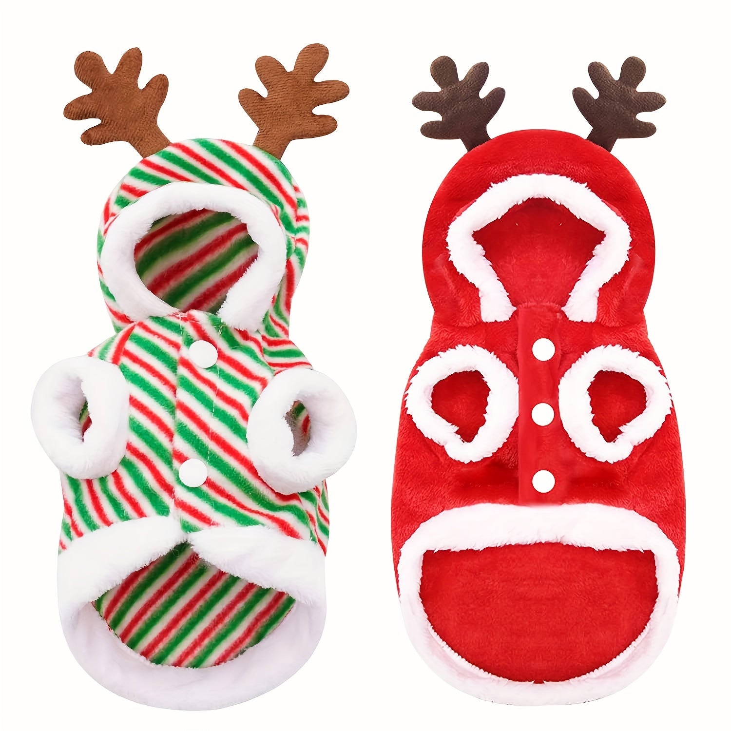 Set Of 2 Christmas Dog Hoodies, Winter Small Dog Outfits With Reindeer Antlers, Cute Polyester Pullover Pet Apparel – Hand Wash Only, Woven