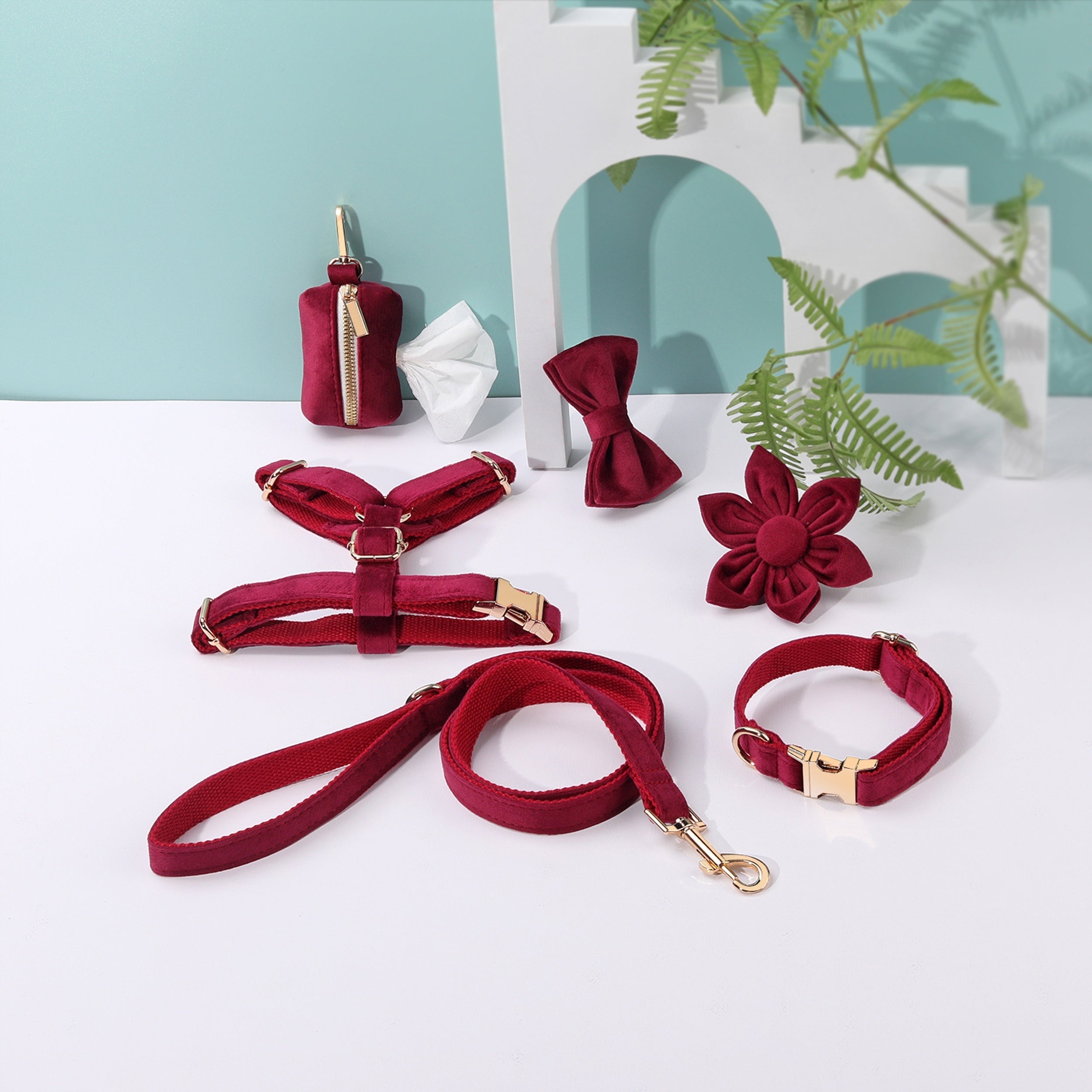 [Velvet Pet Collar Leash Set] 6pcs/set Soft Velvet Pet Walking Dog Collar, Leash Traction Rope, Bow, Chest Strap Harness, Poop Bag Holder, Flower Bow, Escape Proof Dog Walking Accessories