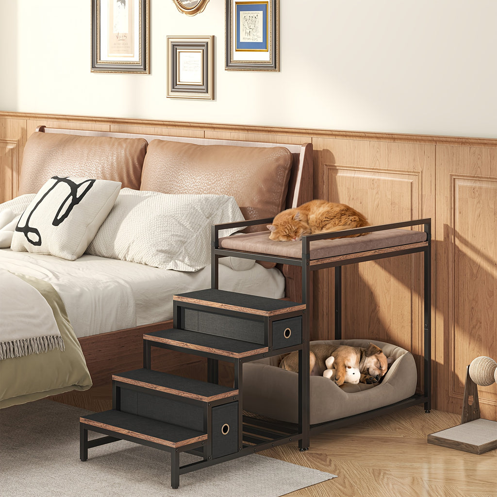 SAUDISM Multi-Level Pet Bunk Bed with Removable Step for Dogs & Cats - Durable Wooden Frame, Cushioned Perch & Window Seat, Indoor Use, Easy Assembly, Black, Perfect for Small to Medium Dogs, Cozy Home Decor, Pet Furniture, M