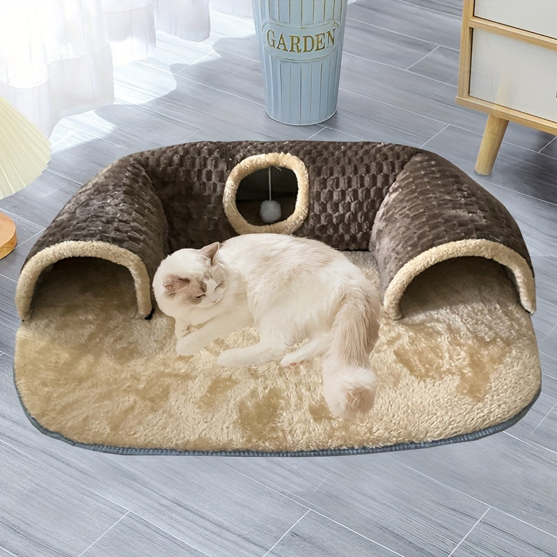 [Cozy Cat Tunnel] 3-in-1 Soft Polyester Cat Tunnel Bed & Playhouse | Cozy Hideout for Small Cats & Rabbits up to 8kg, Anti-Slip Bottom & Easy-Clean Design, Durable Pet Furniture