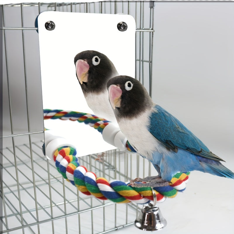 Interactive Parrot Mirror Toy with Chewable Rope Perch - Acrylic Bird Play Station for Cage