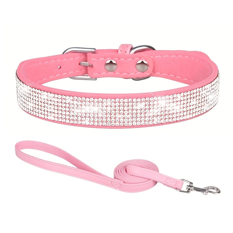 [Adjustable Bling Dog Collar Set] Bling Collar for Dogs, Durable Polyester Adjustable Pet Collar with Rhinestones and Matching Leash Set, Soft-Lined Neck Strap for Small to Large Dogs
