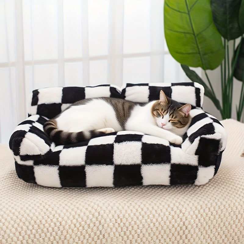 All-Season Pet Sofa Bed - Plush Polyester Cushioning, Black & White Checkerboard Pattern - Soft Warm Bed for Cats, Small Dogs, Indoor Use - Easy-Clean Pet Furniture for Living Room, Bedroom Decor, Cozy Design, Softcushioned S