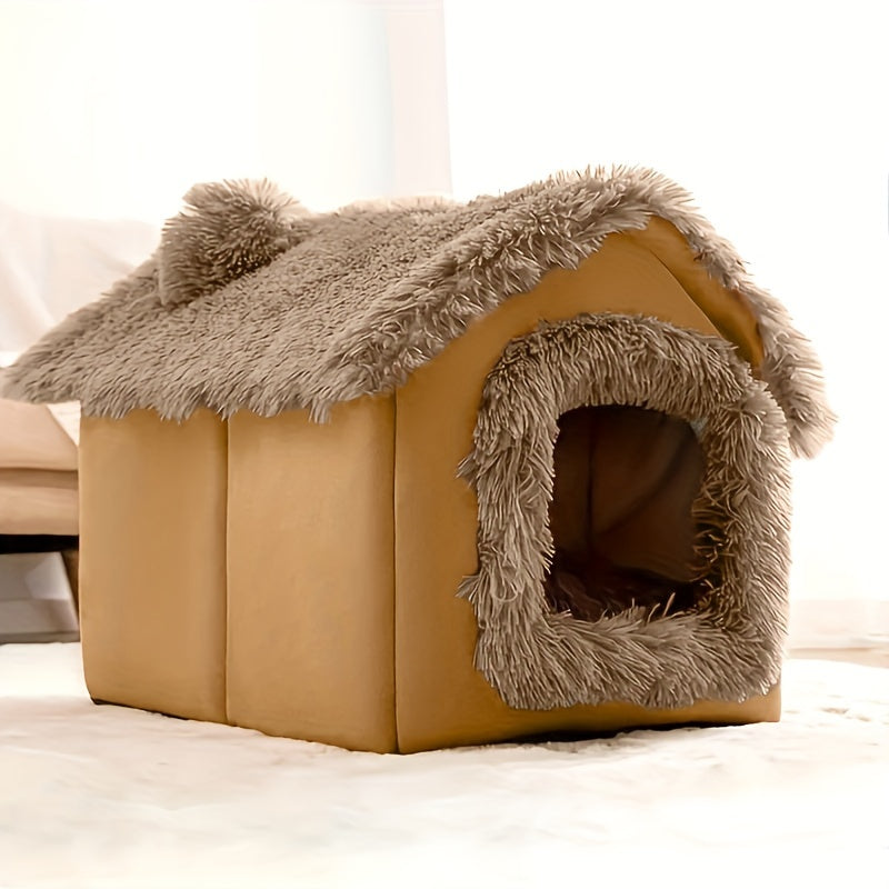 [For Cats & Dogs Plush Bed] Comfortable Plush Pet Bed For Cats And Dogs, Removable Non-slip Bottom Cat House, Four-season Use, Semi-enclosed Pet Sleeping Bed
