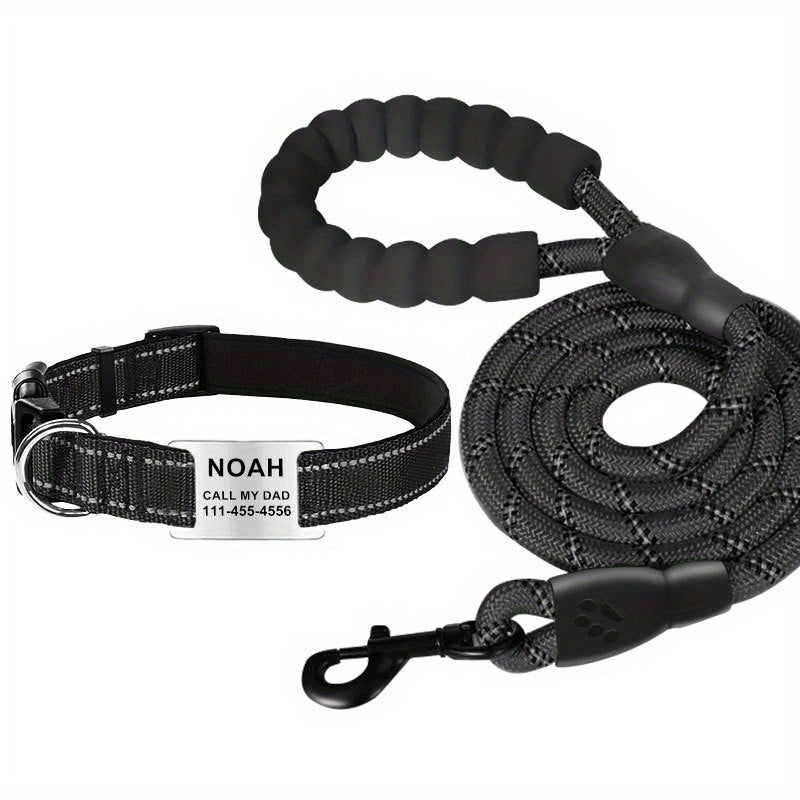 [Durable Adjustable Dog Leash] Custom Engraved Reflective Dog Collar with Name Tag, Personalized Polyamide Pet Collar, Durable Adjustable Collar with Leash for Dogs