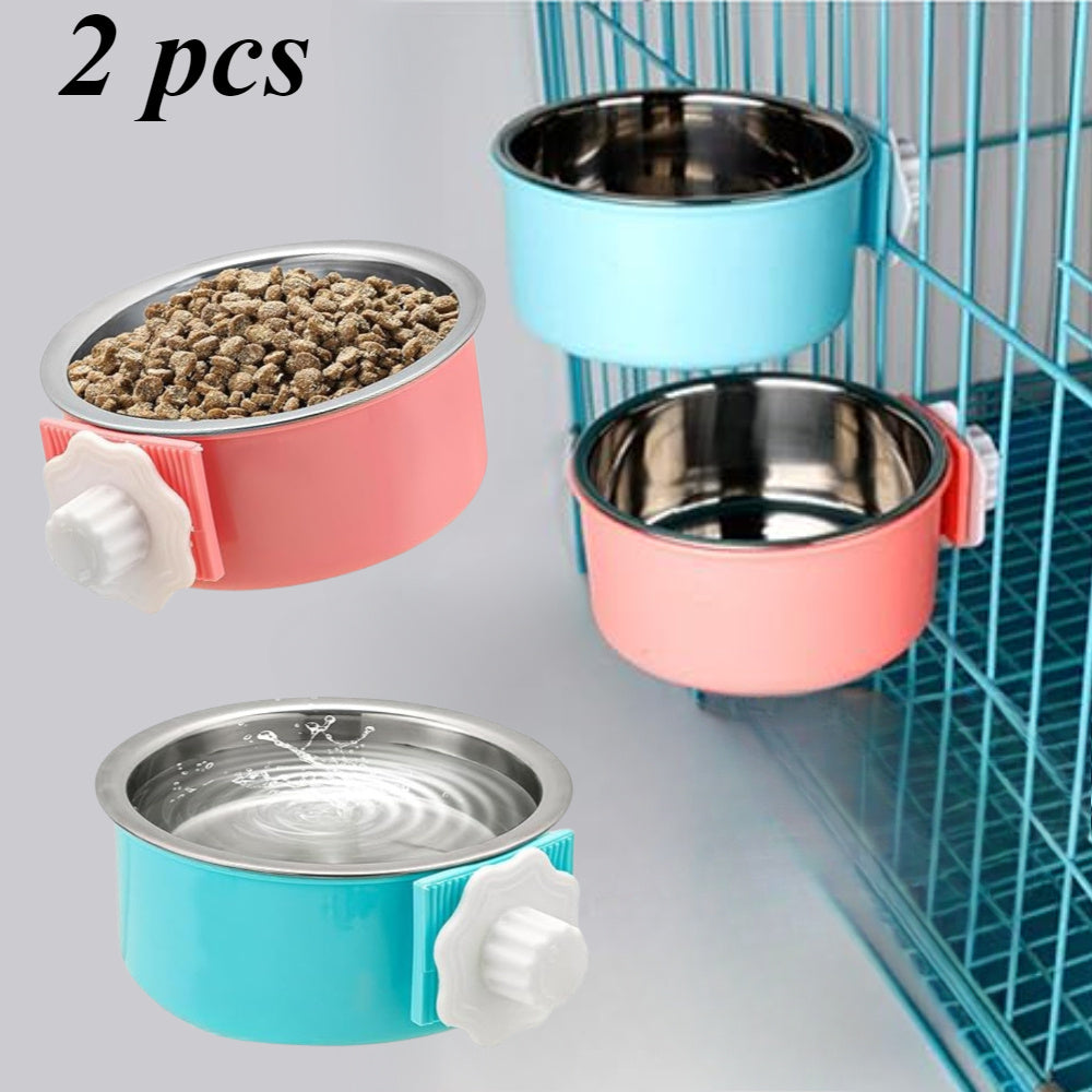 2pcs Stainless Steel Hanging Pet Feeding Bowl, Pet Cage Feeding Bowl, Detachable Pet Nest Hanging Water Feeding Bowl, Easy To Install, High Quality Material, Non-slip and Easy To Clean, Suitable for Puppies, Cats, Rabbits, Bi