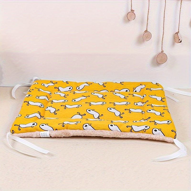 1 Piece Reversible Plush Cartoon Print Pet Bed - Soft Polyester Square Mat with Tie Straps, Polyester Fiber Filled for Ultimate Comfort, Assorted Fun Patterns, Perfect for Small to Medium Cats