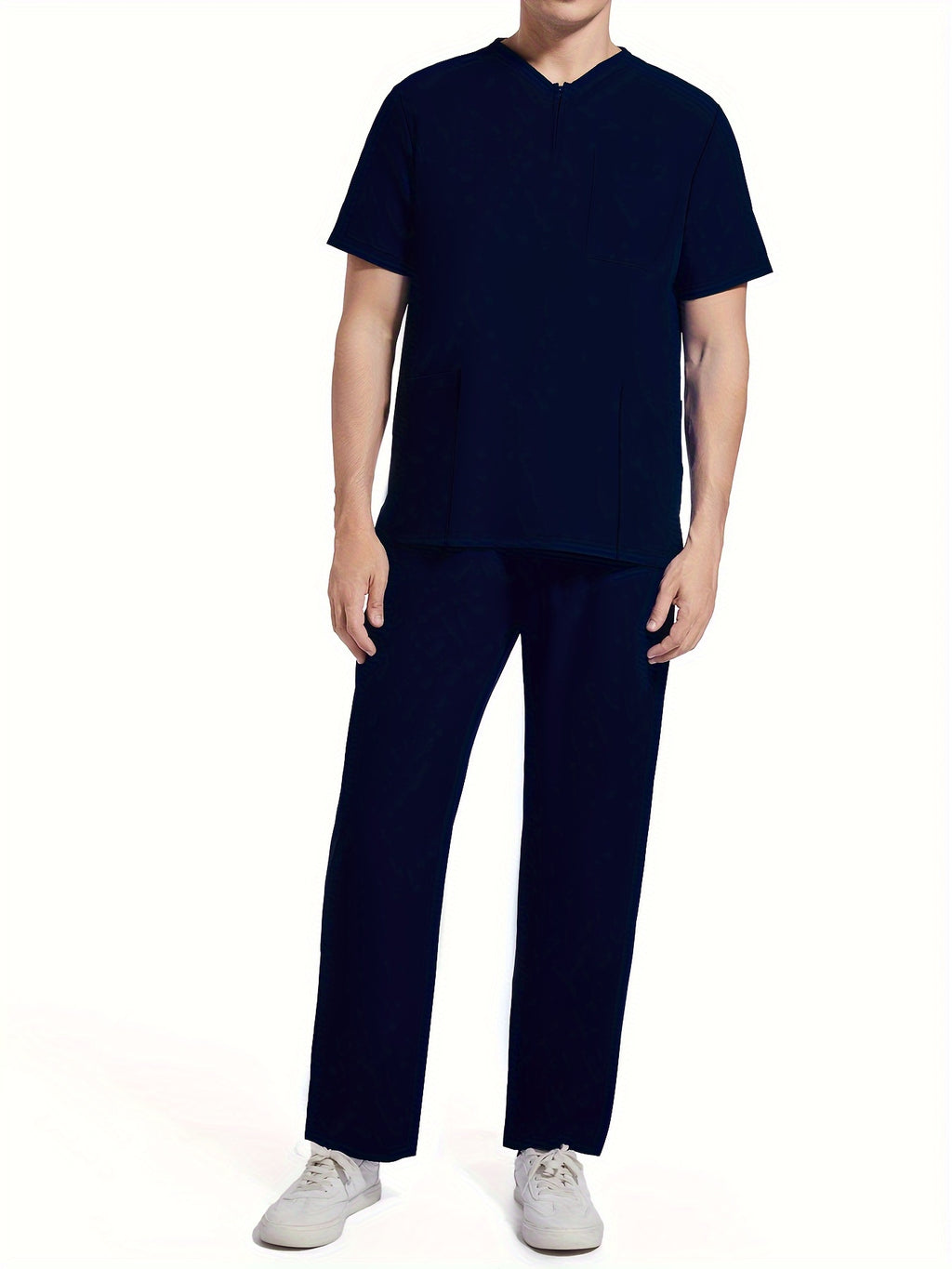 Men's Short Sleeve Summer Work Wear Set, Lab Coat, Pet Grooming Uniform, Breathable V-neck Top With Pockets And Long Pants Outfit