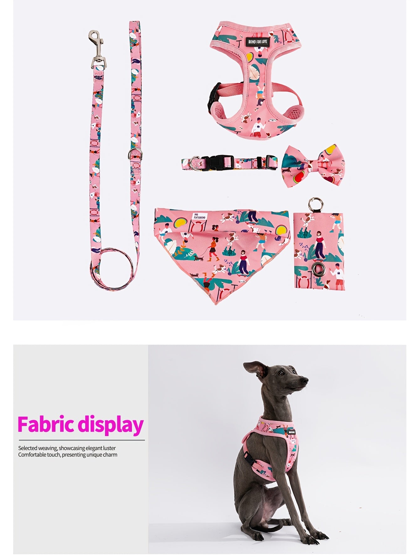 [Dog Walking] 6pcs Pink Love World Dog Walking Gear Set | Adjustable Pet Harness, Leash, Collar, Bow, Flag, Waste Bag Holder | Polyester Fiber | 4 Ft Leash, Uncharged | for Small to Large Dogs | Without Battery