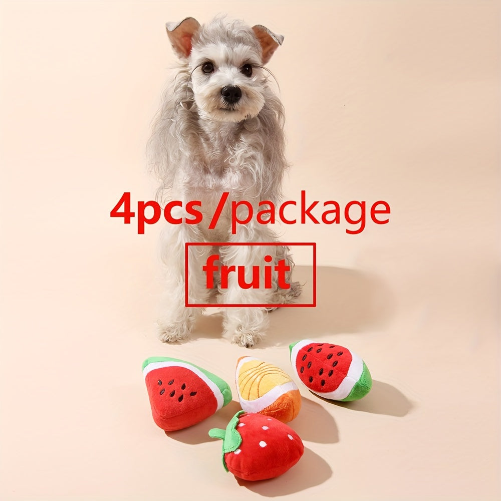 4pcs Fruit & Veggie Plush Squeaky Dog Toys - Strawberry, Lollipop, Star, Donut Designs - Soft Fabric Chew & Teething Toys for Small Breeds - Interactive Playtime Companions for Cats & Dogs, Pet Toys