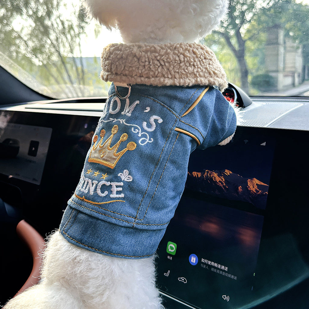 [Chic Denim Dog Jacket] Comfortable Chic Denim Dog Jacket for Small Breeds - Tail Wagging, Stylish Pet Apparel with Snap Closure, Perfect for Spring/Fall