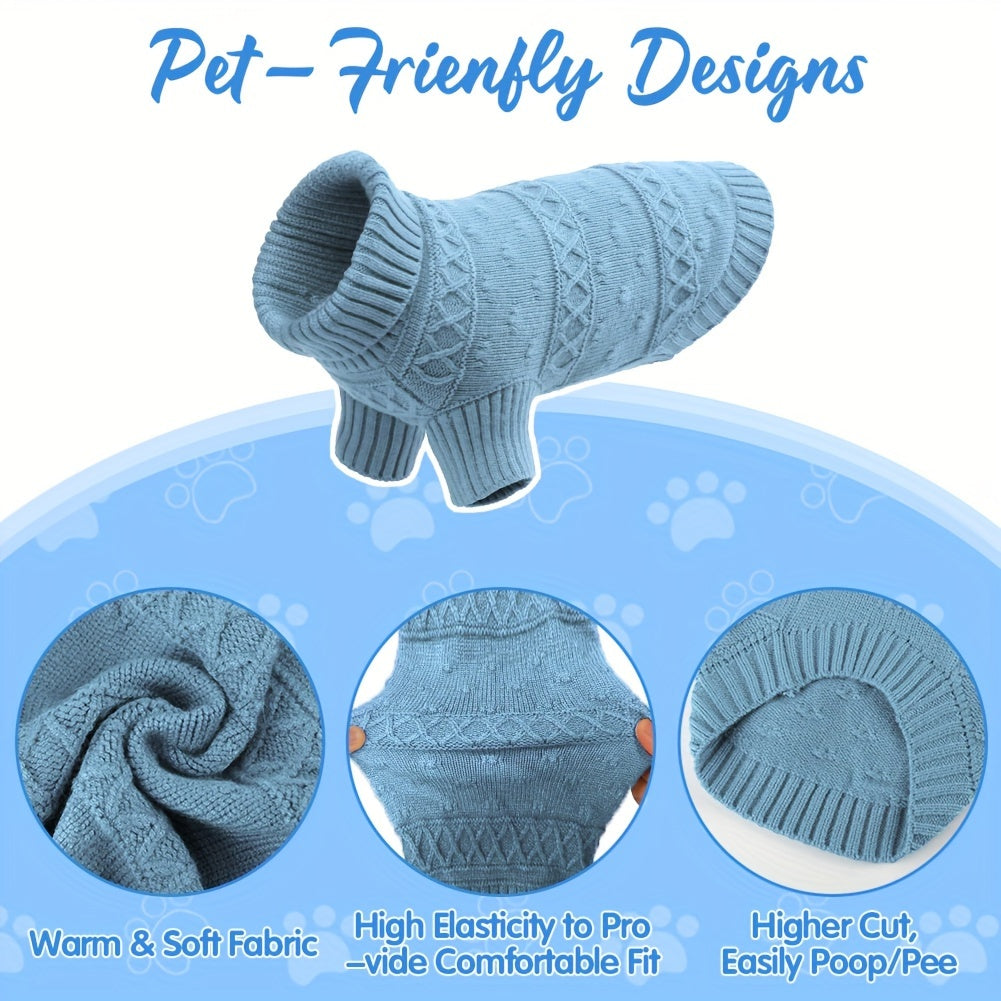 Cozy Light Blue Turtleneck Sweater for Small to Large Dogs - Soft, Warm Knit Pet Apparel with Diamond Pattern - Ideal for All Seasons, Including Winter, Dog Sweater