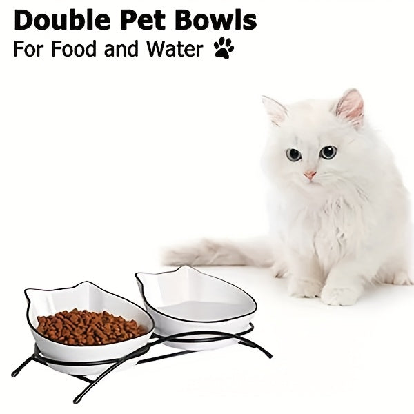 [Cute Tilted Design Cat Feeding Dishes] 2pcs 12oz Ceramic Cat Bowls - Anti-Vomiting, Tilted Design for Improved Digestion & Posture - Cute Kitty Face Pet Feeding Dishes