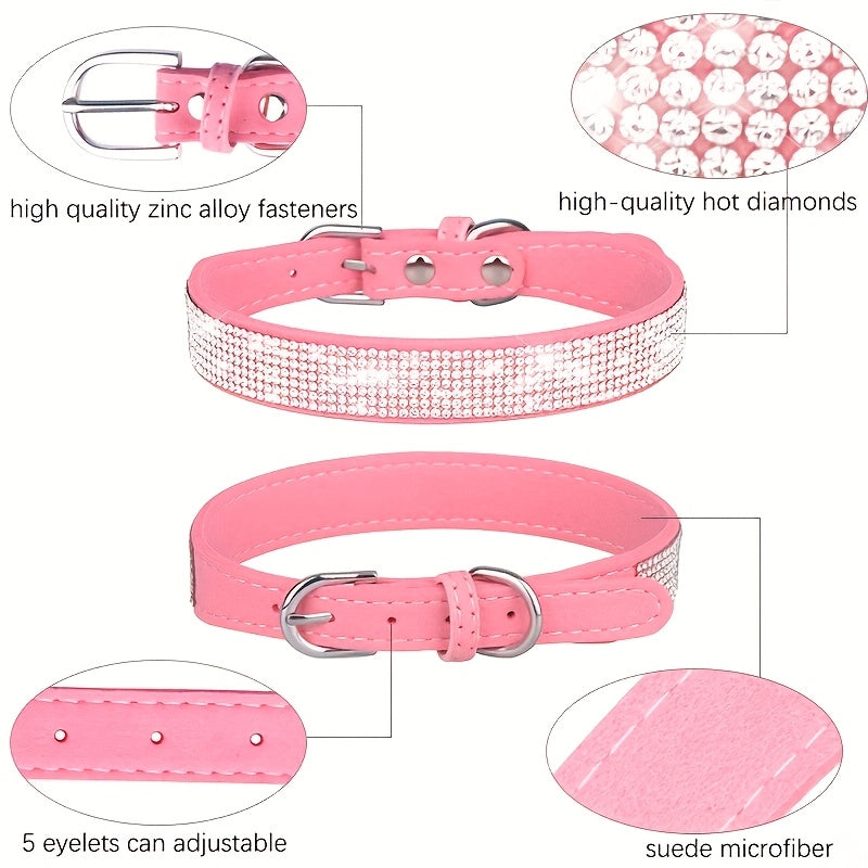 [Adjustable Bling Dog Collar Set] Bling Collar for Dogs, Durable Polyester Adjustable Pet Collar with Rhinestones and Matching Leash Set, Soft-Lined Neck Strap for Small to Large Dogs