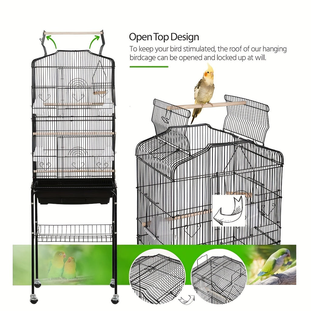 1pc 65-inch Extra-Large Open-Style Bird Cage with Detachable Rolling Stand, Durable Metal Construction, and Spacious Interior for Comfortable Living of Parrots, Lovebirds, Sparrows, Canaries, Long-tailed Small Parrots, Black