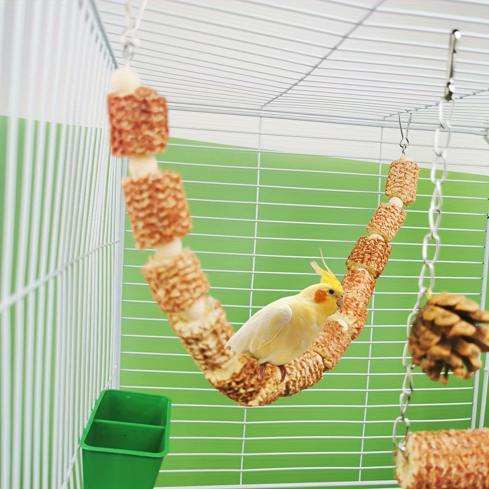 [2pcs Natural Bird Cage Supplies] 2pcs Natural Parrot Bird Cage Supplies, Bird Swing Toy, Natural Corn Cone, Bird Chewing Toy, Climbing Hanging Bridge Toy, Provide Exercise And Entertainment For Birds