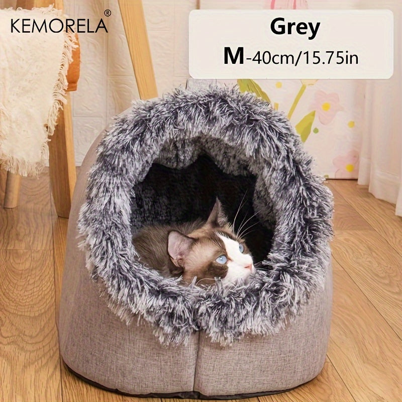 [Cozy Cat Bed] Portable Cat Bed with Handle | Thickened Warm Polyester Pet Bed, Cozy Circular Design with Plush Furry Interior for Indoor Cats, Durable & Easy-Clean Cat Bed for Travel, Home, or Gifting, Cute Cat Bed by KEMORE
