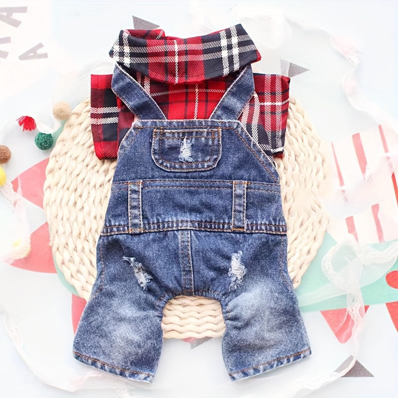 [Stylish Plaid Dog Jumpsuit] Cozy Plaid Denim Dog Jumpsuit - Stylish, Chic Button-Up Design for Small Breeds - Woven Fabric Pet Apparel