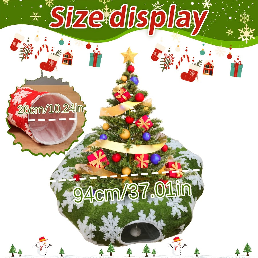 Christmas Cat Tunnel & Bed - Extra Large 37.01in Plush Warm Cozy Cat Bed with Expandable Donut, Snowflake Pattern, Holiday Theme, Anxiety Relief, Indoor Use, Red & Green, Cat Bed for Indoor Cats, Festive Pet Furniture, Playfu