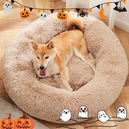 Fluffy Plush Calming Pet Bed For Dogs And Cats - Washable Anti-Slip Round Bed For Pets - Brown Color