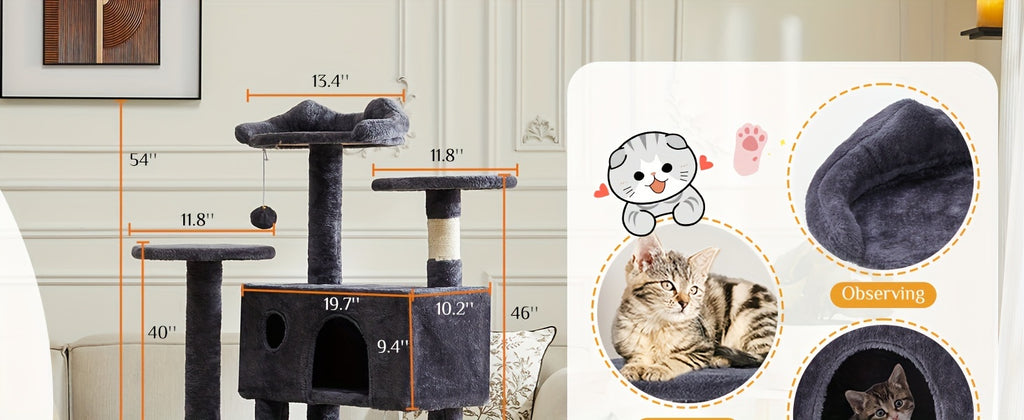 Cat Tree Tower For Indoor Cats, 54in Tall Multi-Level Pet Furniture, Stable Kitty Play House With Sisal Scratching Post, Large Condo, Climbing Ladder, Plush Toy For Kitten