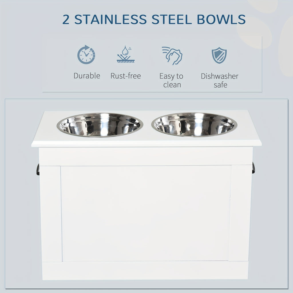 PawHut Raised Pet Feeding Storage Station With 2 Stainless Steel Bowls Base For Large Dogs And Other Large Pets, White