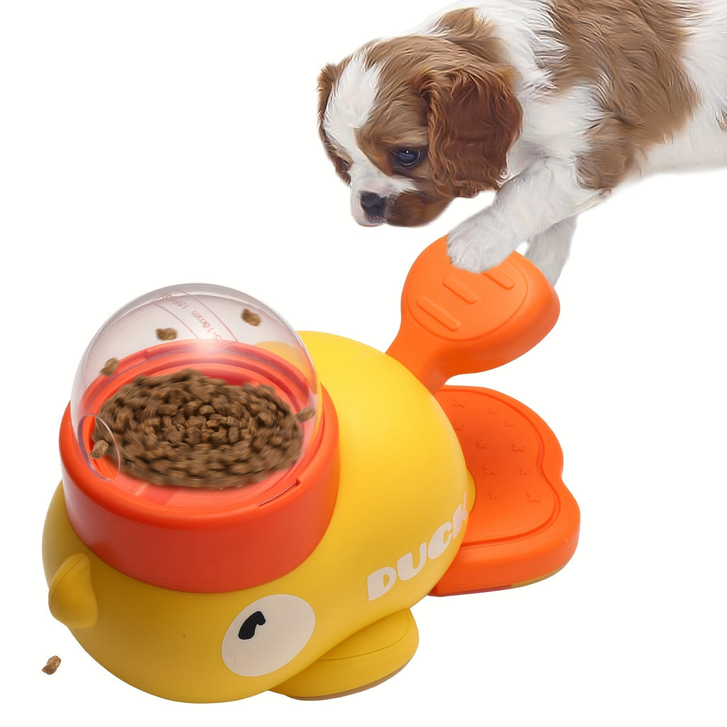 Durable Plastic Yellow Duck Interactive Dog Toy & Automatic Feeder - No Batteries Needed, Push & Pull Pet Feeder with Treat Dispenser for Mental Stimulation & Healthy Eating - Suitable for Small, Medium & Large Dogs, Pet Feed