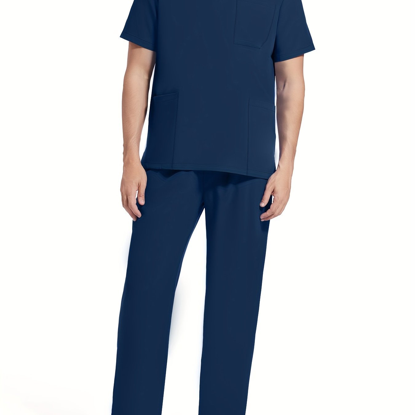 Men's Short Sleeve Summer Work Wear Set, Lab Coat, Pet Grooming Uniform, Breathable V-neck Top With Pockets And Long Pants Outfit