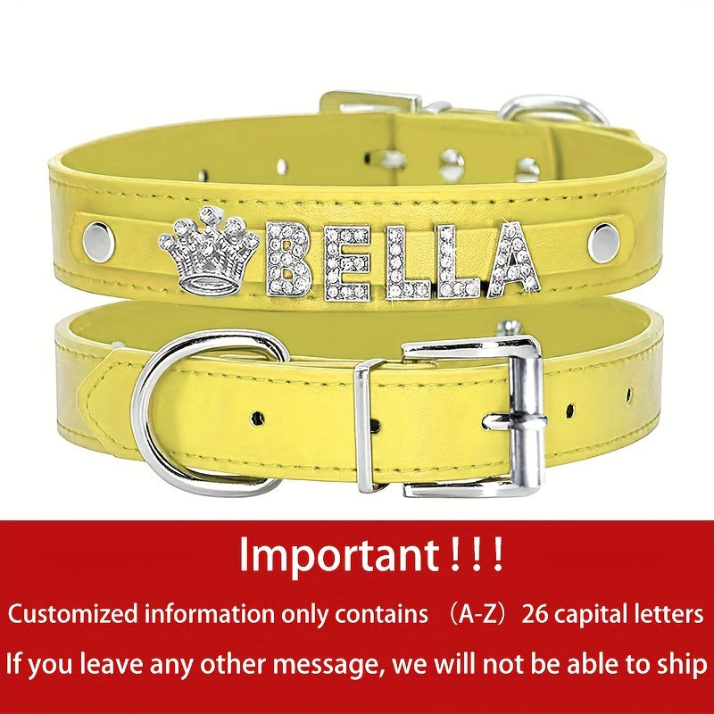 Personalized PU Leather Dog & Cat Collar with Sparkling Rhinestone ID Tag - Custom Name "Bella" or "Jamie" & Heart/Paw Print Design, Adjustable Fit for Small to Large Pets, Perfect Gift for Your Furry Friend