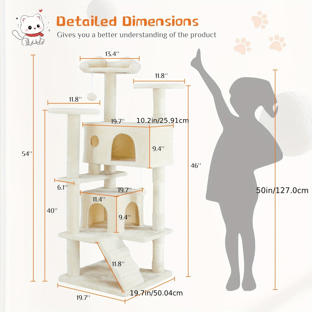 Cat Tree Tower For Indoor Cats, 54in Tall Multi-Level Pet Furniture, Stable Kitty Play House With Sisal Scratching Post, Large Condo, Climbing Ladder, Plush Toy For Kitten