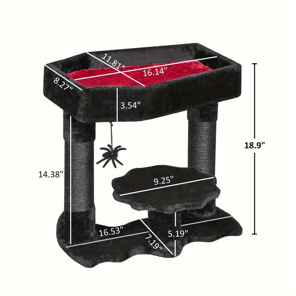 BEWISHOME Gothic Cat Tower With Coffin Bed, Multi-Level Goth Cat Tree Cat Condo With Cat Scratching Post, Spider Hanging Ball Black Red Halloween Kitten Pet Furniture