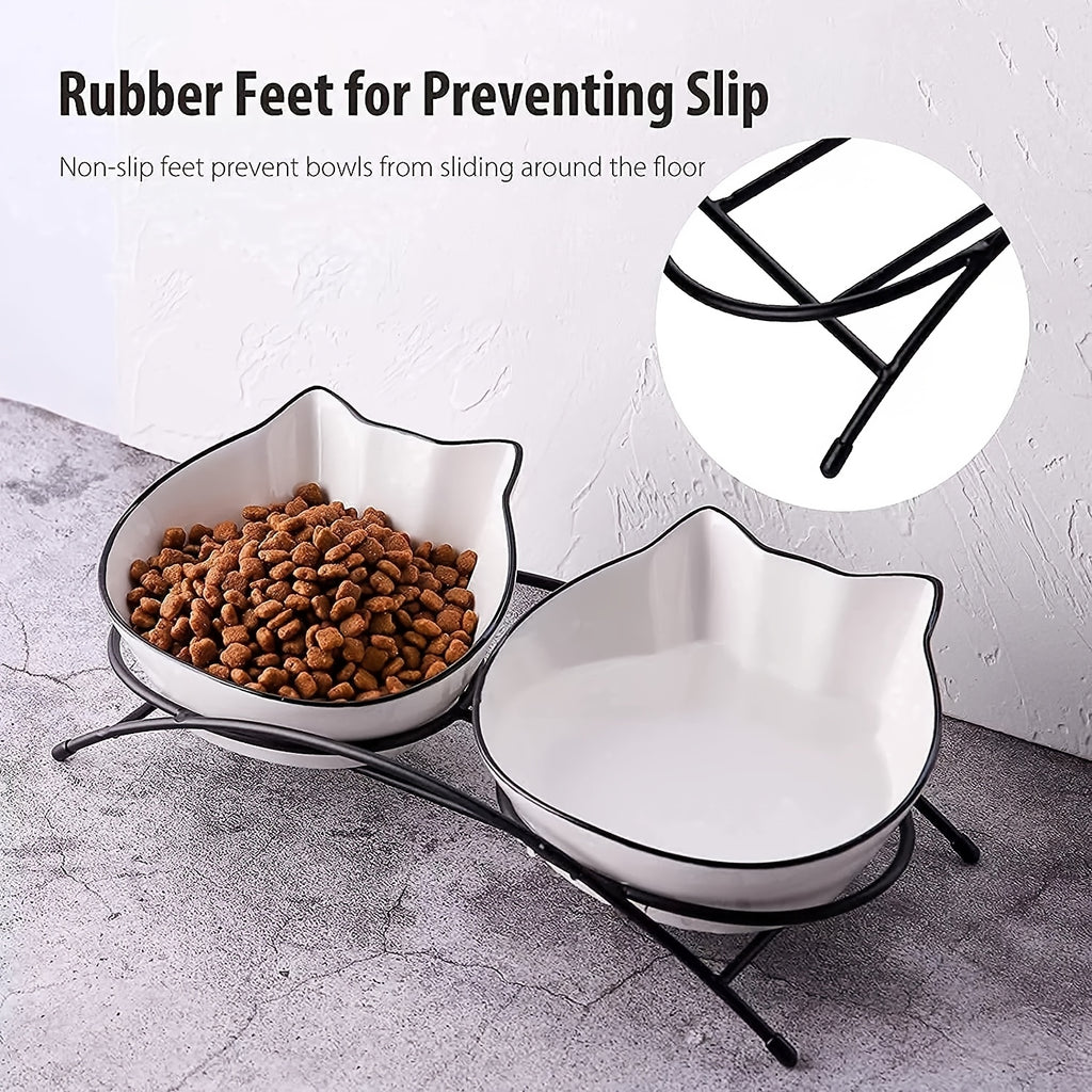 [Cute Tilted Design Cat Feeding Dishes] 2pcs 12oz Ceramic Cat Bowls - Anti-Vomiting, Tilted Design for Improved Digestion & Posture - Cute Kitty Face Pet Feeding Dishes