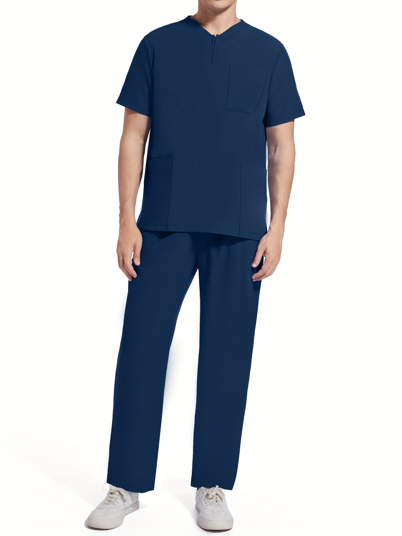 Men's Short Sleeve Summer Work Wear Set, Lab Coat, Pet Grooming Uniform, Breathable V-neck Top With Pockets And Long Pants Outfit