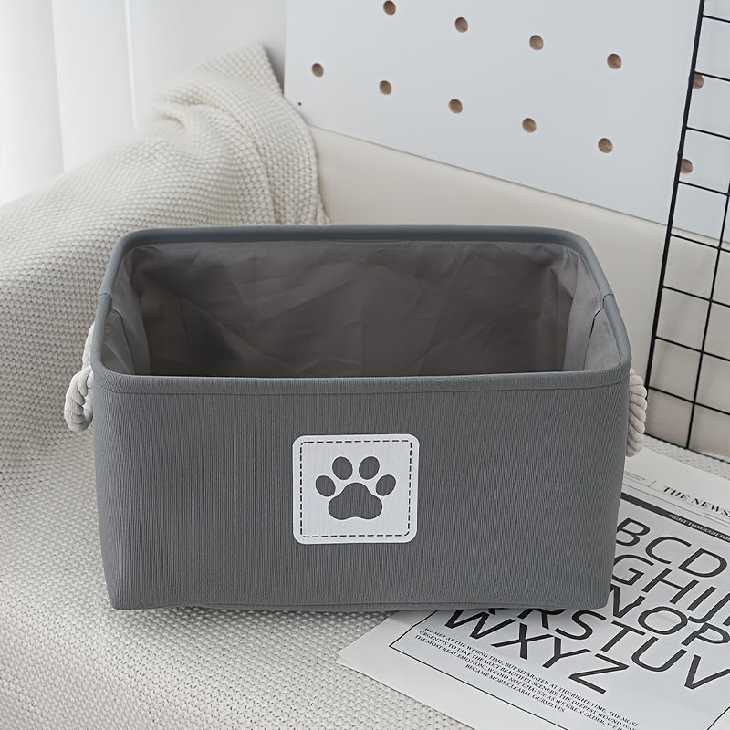 Beige Canvas Multi-Purpose Storage Box - Pet Toy Organizer with Brown Paw Print Design, Rope Handles - Ideal for Dog Toys, Clothes & Organizational Needs