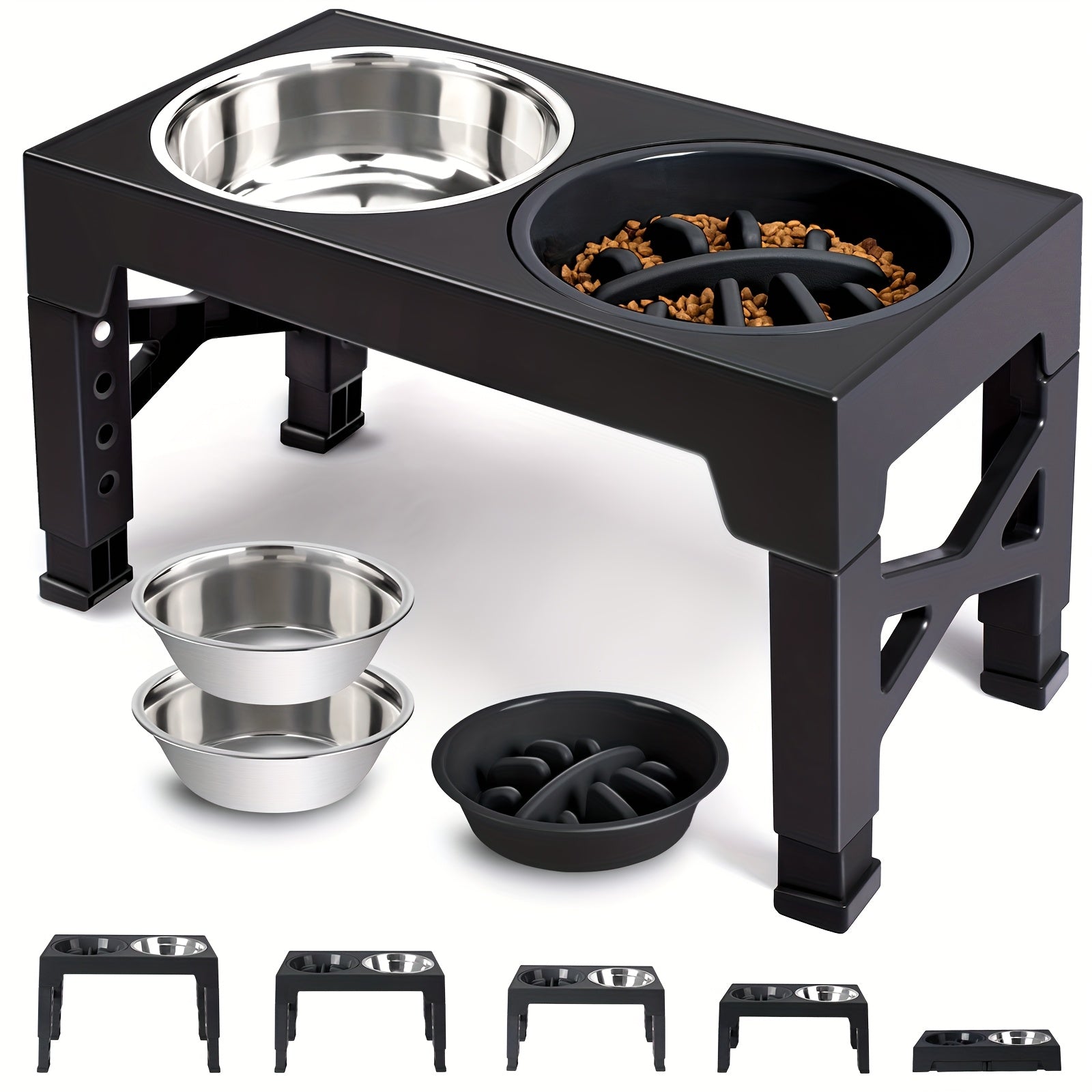 Adjustable Height Elevated Dog Bowl Stand, 5-Level Adjustment from 3.2" to 12.2", Includes 2 Stainless Steel Food Bowls & Slow Feeder, Sturdy Black Metal for Small to Large Dogs, Pet Feeding Station | Sleek Dog Stand | Durabl