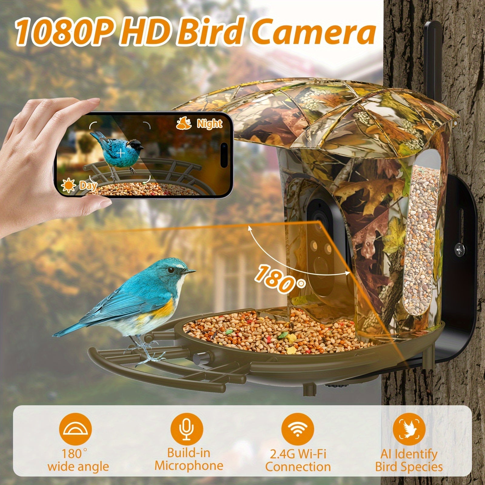 [Intelligent Bird Feeder Camera] 1080P Intelligent Bird Feeder Camera - Automatic Bird Camera Capture with 6W Solar Panel and 64G Memory Card - Suitable for Bird Enthusiasts and Wild Bird Viewing
