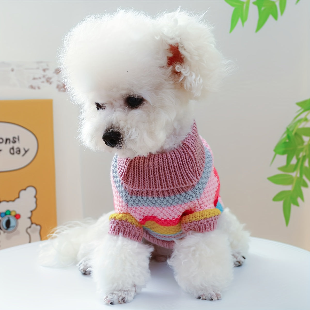 [Warm Striped Pullover for Pomeranians] Small Breed Cozy Knit Dog Sweater - Colorful Striped Pullover for Pomeranians, Teddy & Poodles - Warm Autumn/Winter Pet Apparel