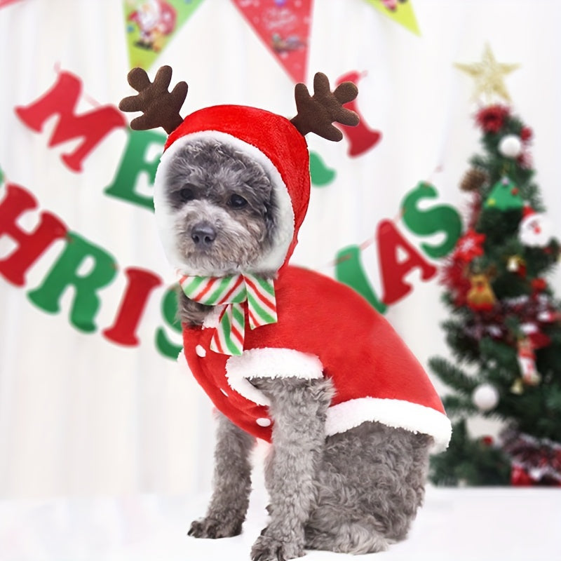 Set Of 2 Christmas Dog Hoodies, Winter Small Dog Outfits With Reindeer Antlers, Cute Polyester Pullover Pet Apparel – Hand Wash Only, Woven