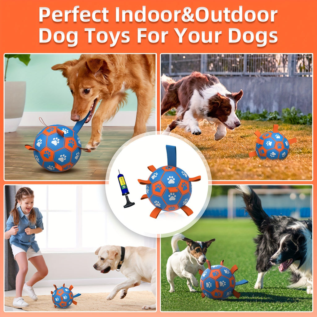 Interactive Dog Toy Ball - Durable Soccer Ball Design with Strong Webbing, Easy-to-Inflate, Encourages Active Play, Chase, and Tug of War - Essential Pet Toy Supplies, Vibrant Orange and Blue, Includes Convenient Inflater