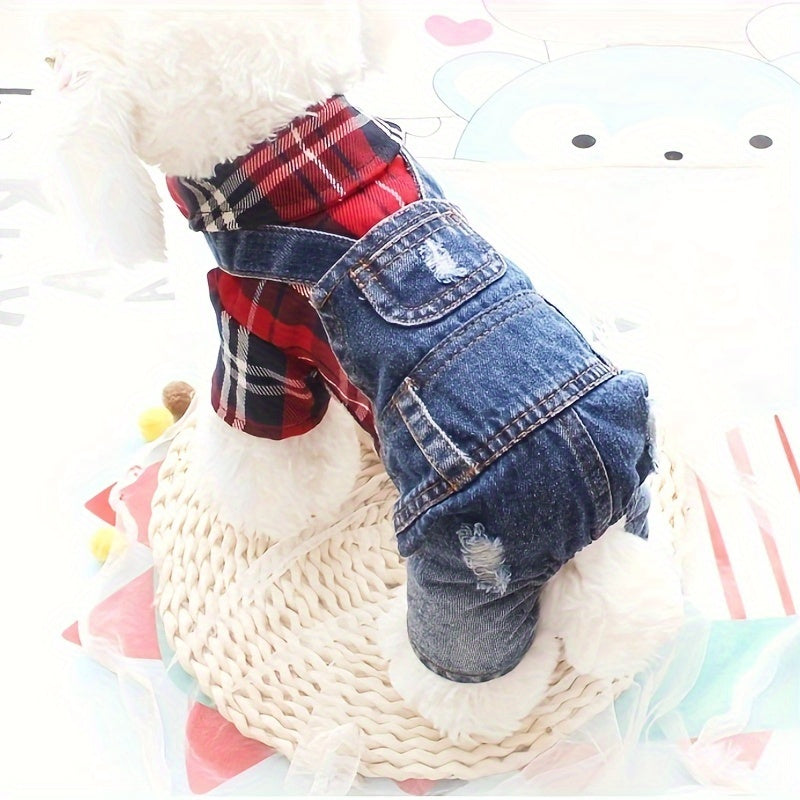 [Stylish Plaid Dog Jumpsuit] Cozy Plaid Denim Dog Jumpsuit - Stylish, Chic Button-Up Design for Small Breeds - Woven Fabric Pet Apparel