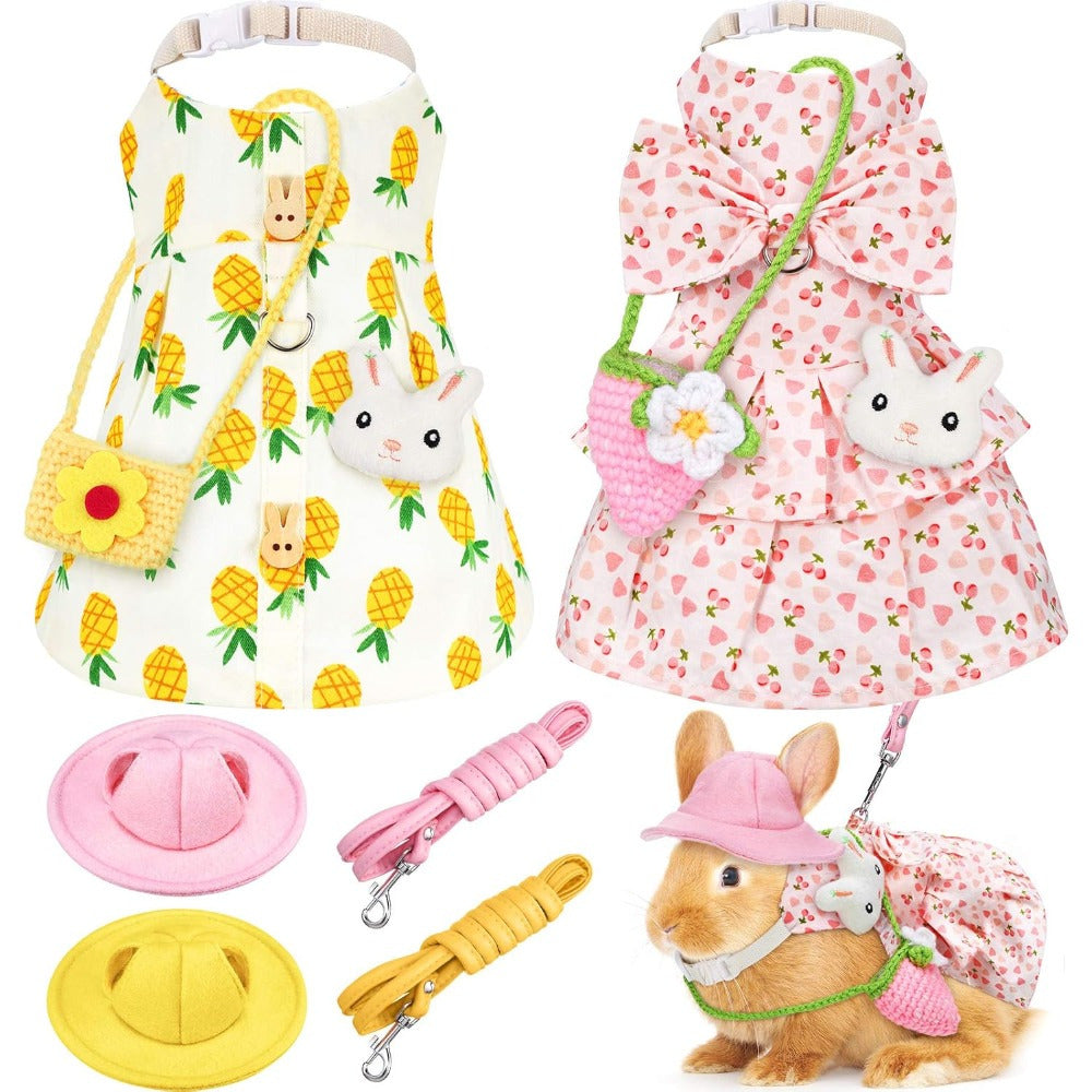 [Cute Machine Washable Pet Harness] 2 Sets Cute Fruit Pattern Fabric Animal Harness Vest and Leash Set, Machine Washable Pet Walking Vest Harness for Rabbits, Ferrets, Teacup Poodles, and Kittens