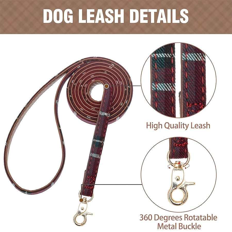 [Red Plaid Pet Harness] 3pcs Red Plaid Pet Harness Set - Adjustable Leather Leash, Machine Washable Polyester Fiber - Ideal for Small Dogs Outdoor Walking