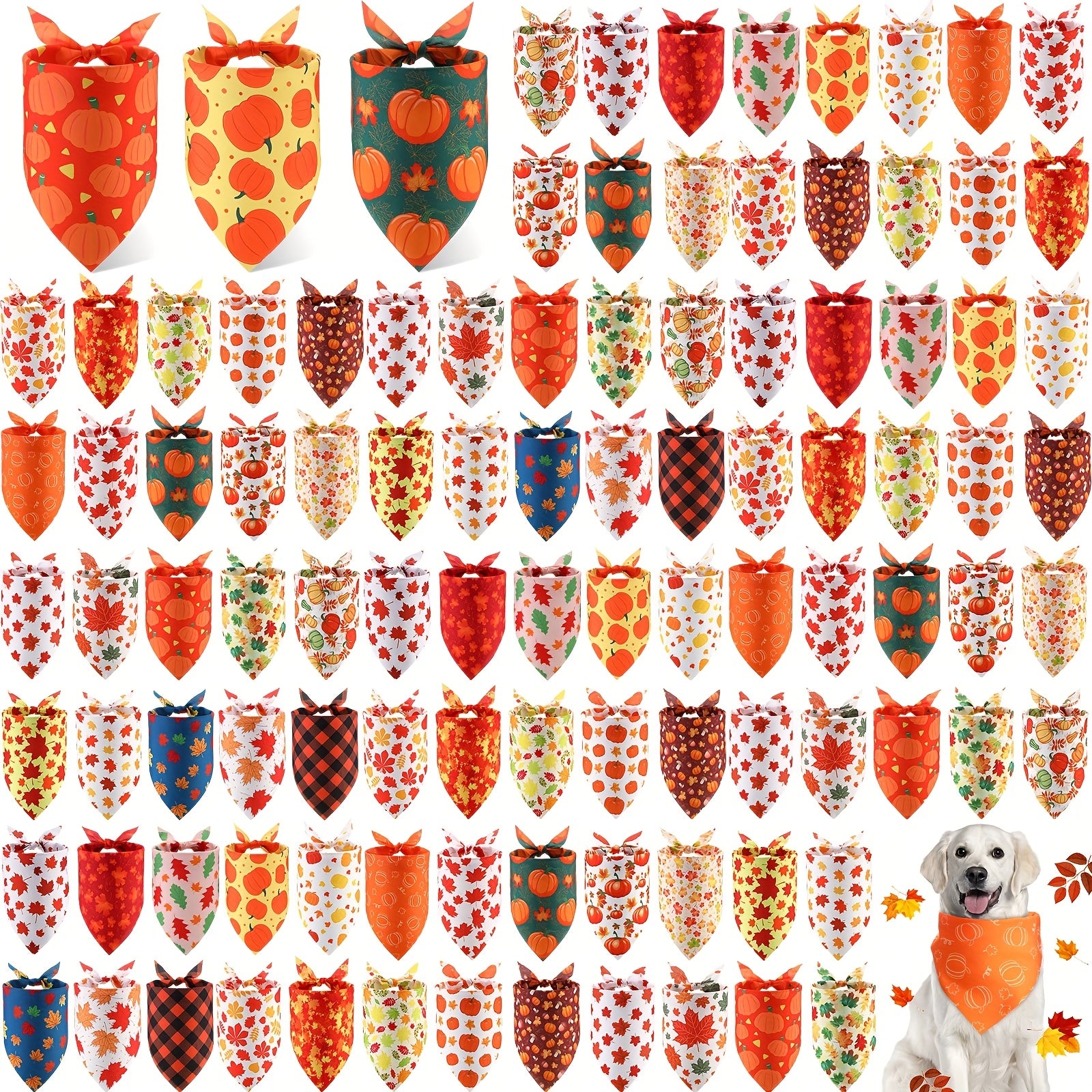 100pcs Dog Bandanas Bulk - Triangle Scarf & Kerchief Bibs for Medium & Small Dogs, Polyester, Assorted Autumn Patterns (Pumpkins, Leaves, Floral) - Perfect for Halloween, Thanksgiving, Christmas Costumes & Pet Accessories, Do