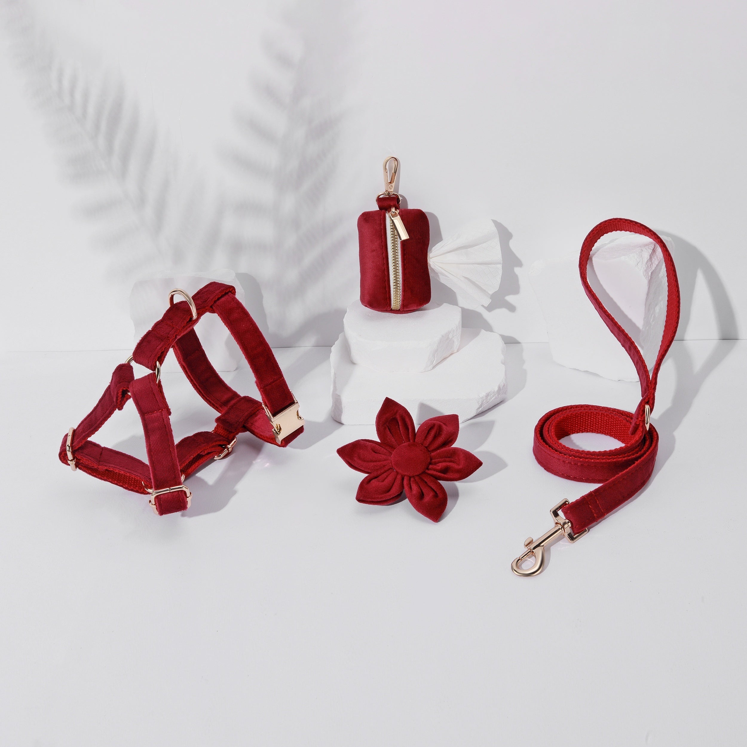 [Velvet Pet Collar Leash Set] 6pcs/set Soft Velvet Pet Walking Dog Collar, Leash Traction Rope, Bow, Chest Strap Harness, Poop Bag Holder, Flower Bow, Escape Proof Dog Walking Accessories
