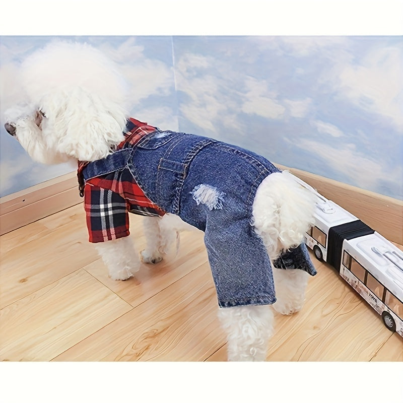 [Stylish Plaid Dog Jumpsuit] Cozy Plaid Denim Dog Jumpsuit - Stylish, Chic Button-Up Design for Small Breeds - Woven Fabric Pet Apparel