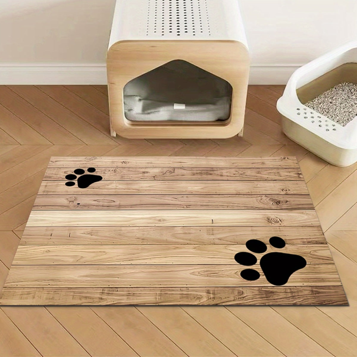 1pc Wooden Board Cat Footprint Pet Feeding Mat, Polyester Material Pet Feeding Floor Mat, Non-slip Quick-drying Absorbent Floor Mat, Cat Dog Food and Water Bowl Mat, Dog Water Dispenser Mat, Cat Dog Accessories Pet Supplies,