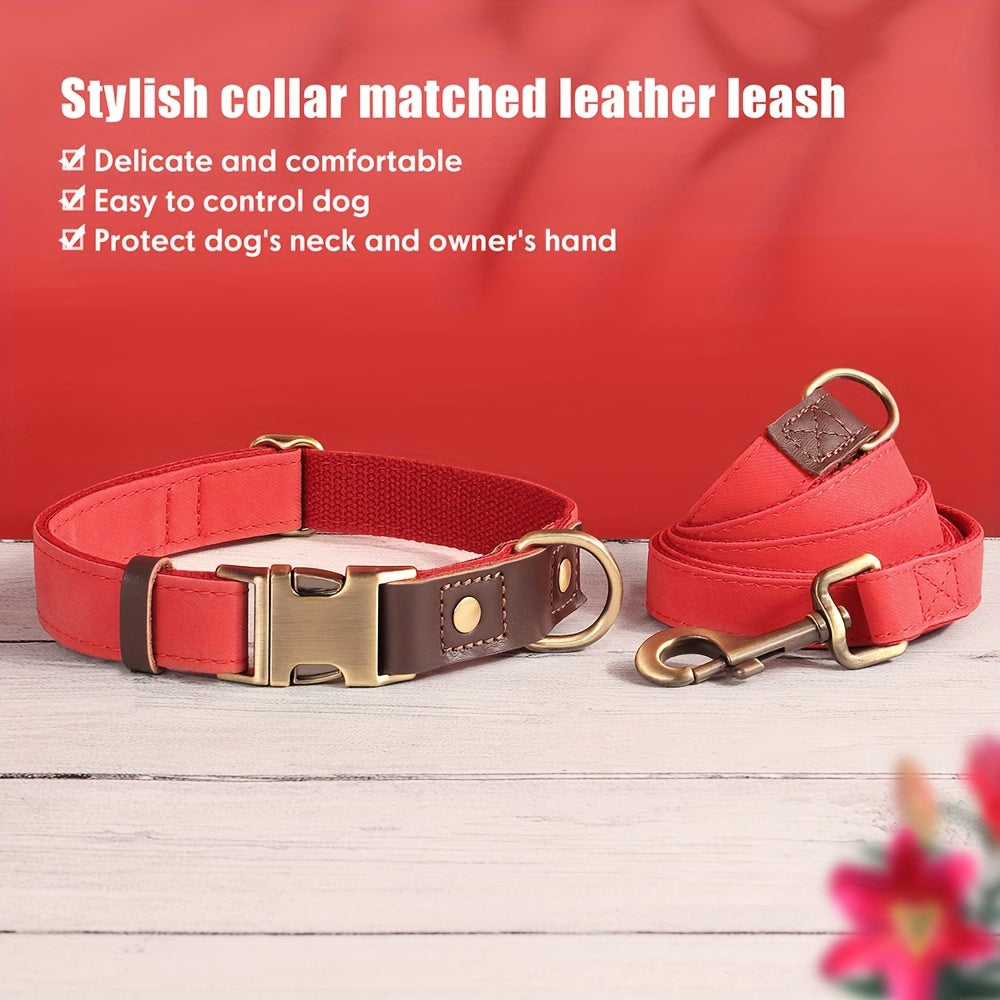 [Retro Pet Collar] Retro Color Matching PU Synthetic Leather Pet Collar and Leash Set - Durable Nylon Webbing Lined Dog Collar - Suitable for Large, Medium and Small Dogs